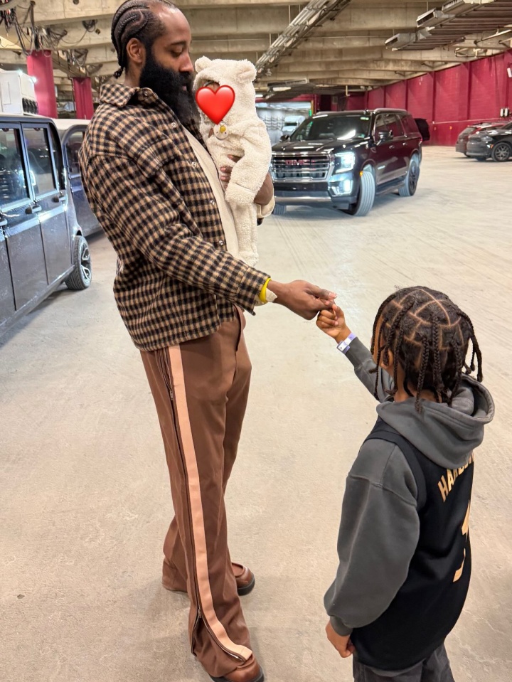 开云下载-超级奶爸！女友晒哈登抱着孩子和自己的孩子拉手指